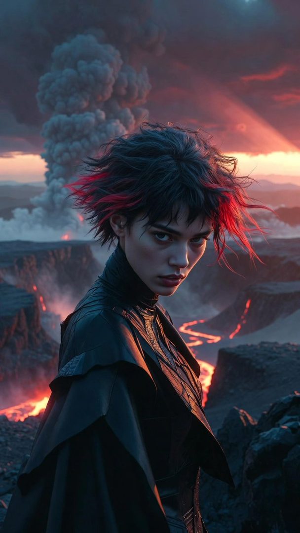 A young woman with short black hair with red streaks stands in a volcanic landscape with lava and smoke.