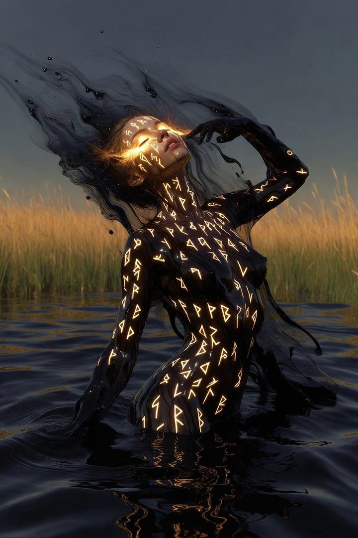 A woman with glowing runes covering her body emerges from dark water, with a field of tall grass in the background.