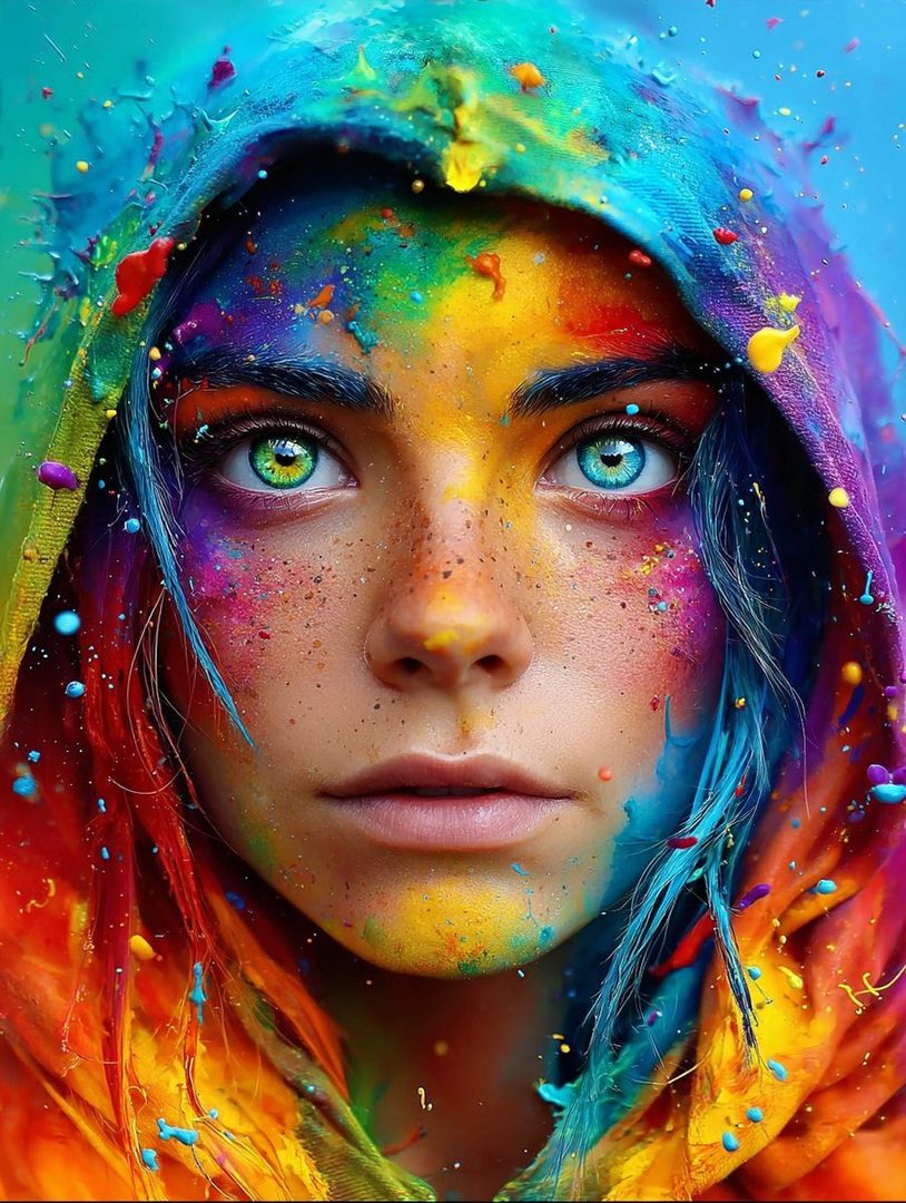 Close-up portrait of a person with vibrant, colorful paint splattered across their face and hood, with striking green and blue eyes.