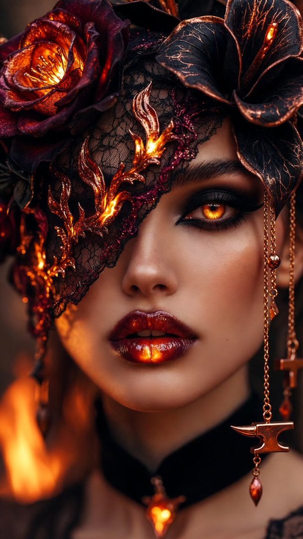 A close-up portrait of a woman with striking orange eyes and dramatic makeup, adorned with a dark, ornate headpiece featuring fiery red roses and black lace. Her lips are glossy red, reflecting an inner glow. She wears a black choker with a pendant resembling a sword.