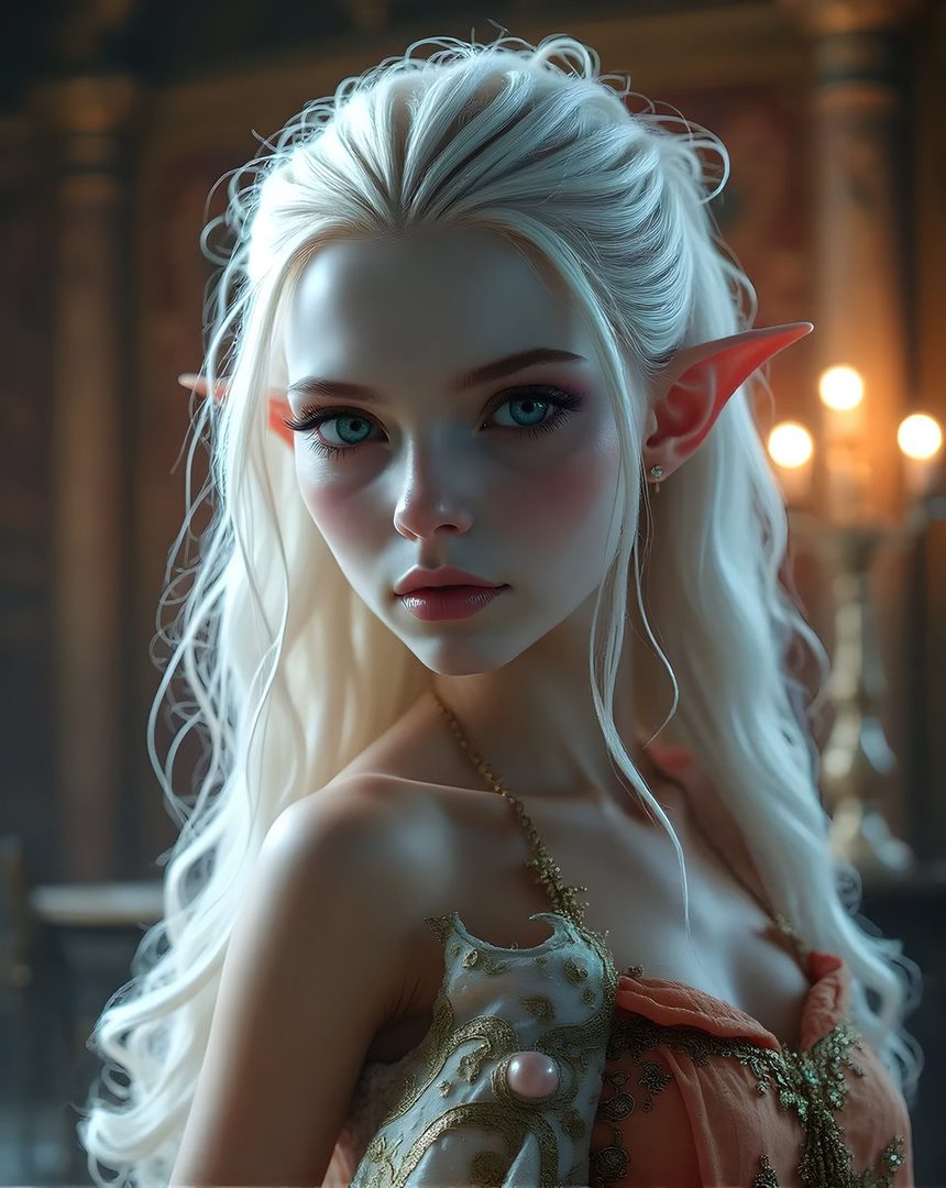 A photorealistic AI portrait of a beautiful elf woman with long white hair, blue eyes, and pointed ears, wearing an ornate dress, in a dimly lit indoor setting with candles.