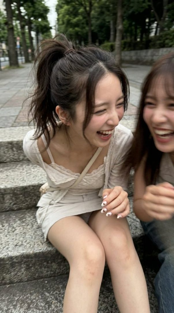 Two young East Asian women laughing heartily while sitting on outdoor stairs, one with her hair in a high ponytail.