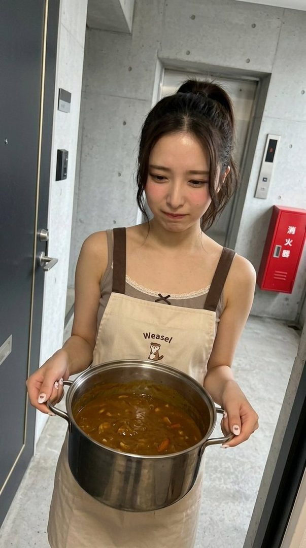 A young East Asian woman with her hair in a ponytail, wearing an apron and holding a pot of curry.