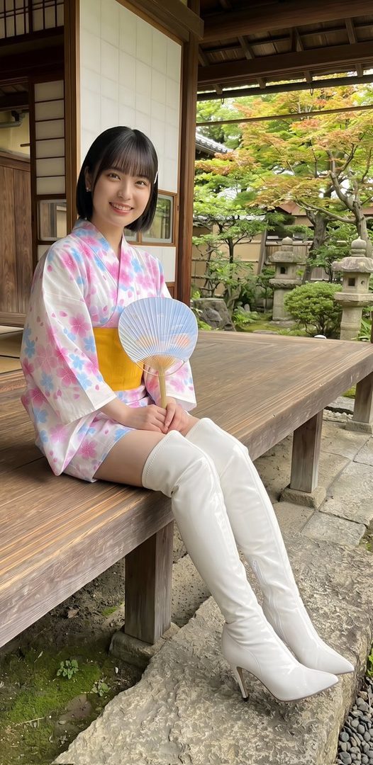 A young woman in a pink and blue floral yukata and white thigh-high boots sits on a wooden veranda, holding a fan, with a traditional Japanese garden in the background.