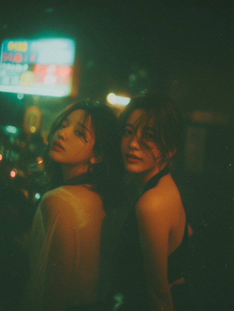 Two young women with dark hair posing at night with neon lights in the background.