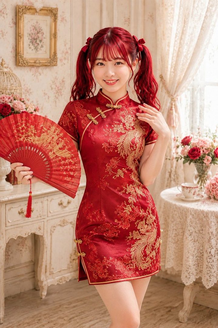 A young woman with red twin-tail hair, wearing a red qipao dress and holding a red fan, poses indoors.