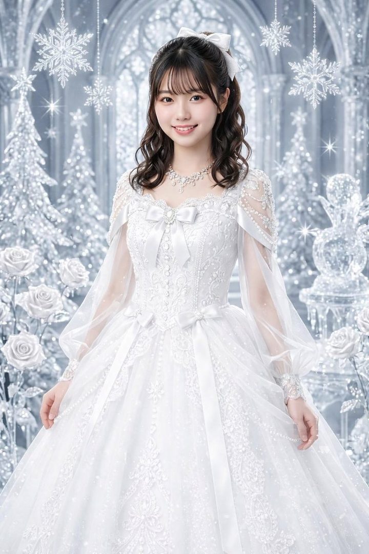 AI-generated portrait of a young woman with dark hair in a white, ornate dress, posing in a winter wonderland setting with snowflakes and ice sculptures.