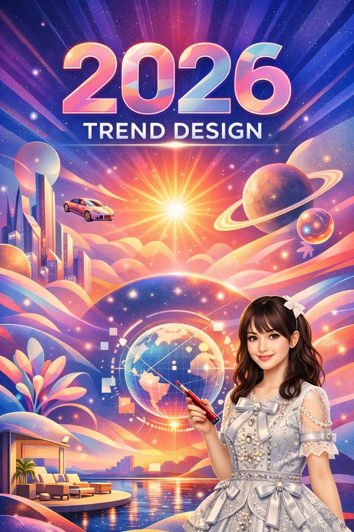 A young woman with brown hair and a white bow in her hair, wearing a silver dress, holds a red pen and points at a globe. The background is a futuristic cityscape with planets and stars.
