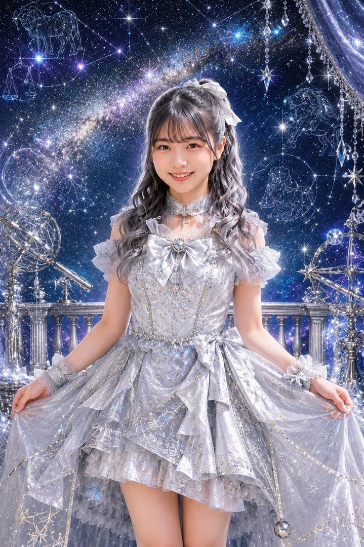 A young woman with long, wavy silver hair and bangs, wearing a sparkling silver dress with ruffles and bows, poses against a backdrop of a starry night sky with constellations.