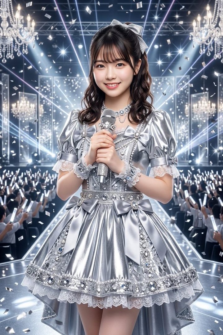A young woman in a sparkling silver idol outfit holds a microphone on stage with a cheering audience in the background.