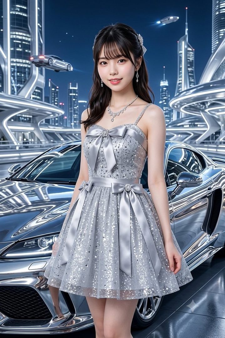 A young woman in a sparkling silver dress stands next to a futuristic car in a city at night.