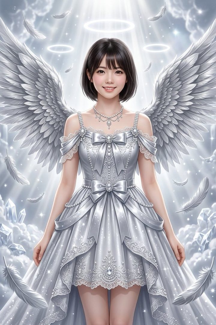 A beautiful AI-generated portrait of an East Asian woman with short black hair, dressed in an elegant silver gown with angel wings and a halo, floating among clouds and feathers.