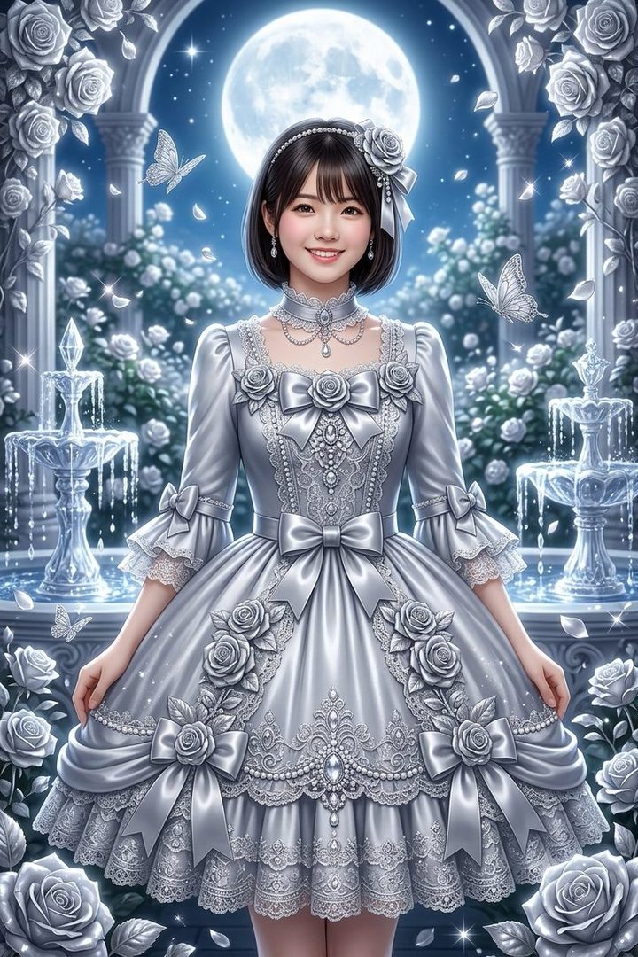 A young woman in a silver Lolita-style dress stands in a moonlit garden with fountains and roses.