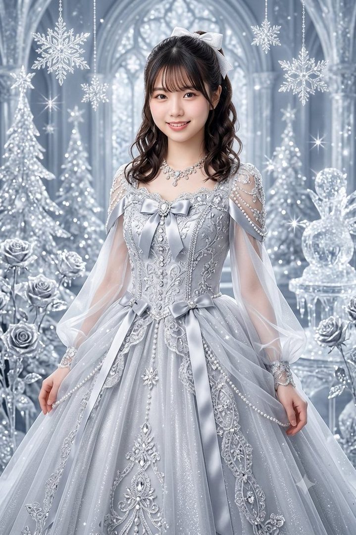 A young woman in an elegant silver gown with intricate beading and bows, posing in a winter wonderland setting with sparkling snowflakes and Christmas trees.