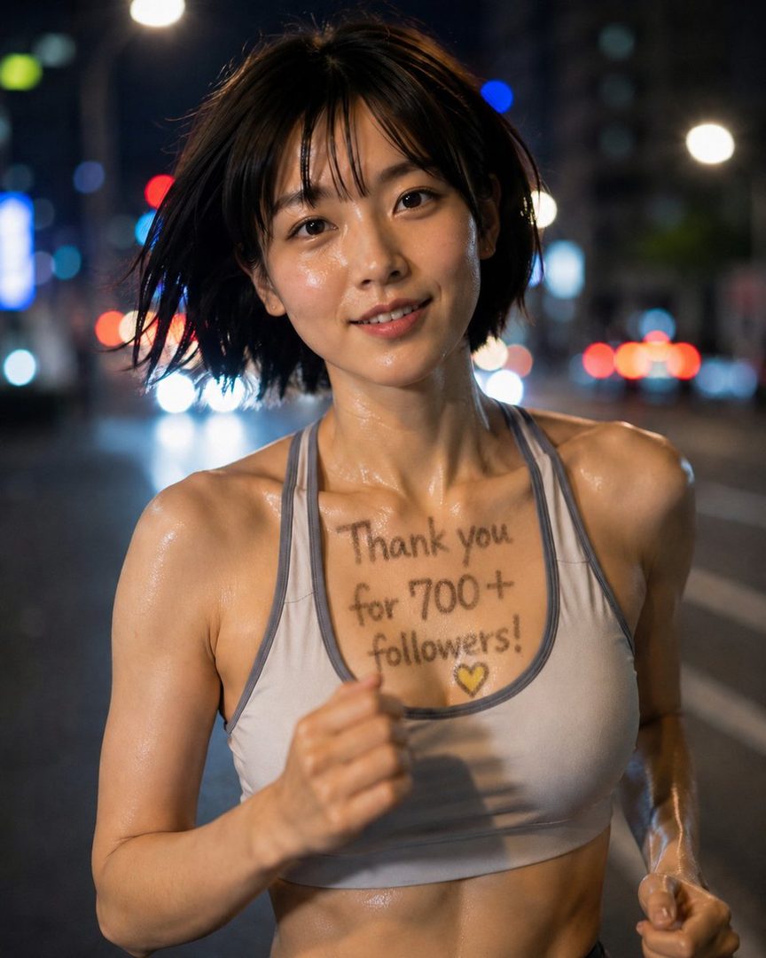 A sweaty young woman with short black hair smiles while running at night on a city street, wearing a sports bra with 'Thank you for 700+ followers!' written on her chest.