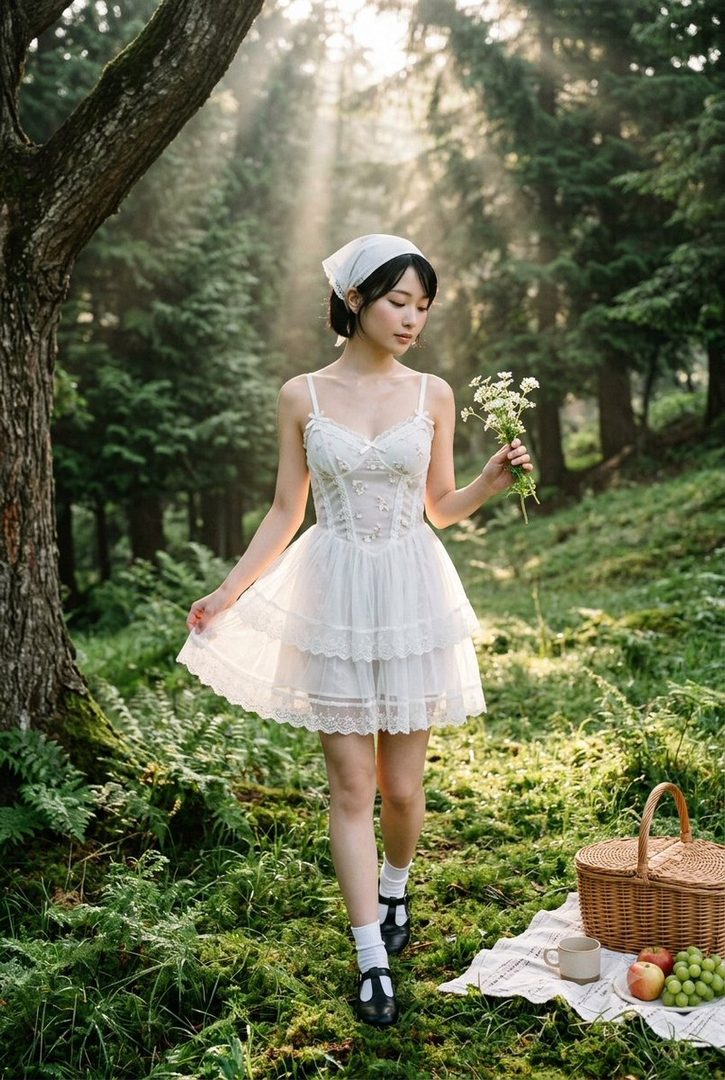 A young East Asian woman in a white lace dress and headscarf walks through a sun-dappled forest, holding a small bouquet of wildflowers.