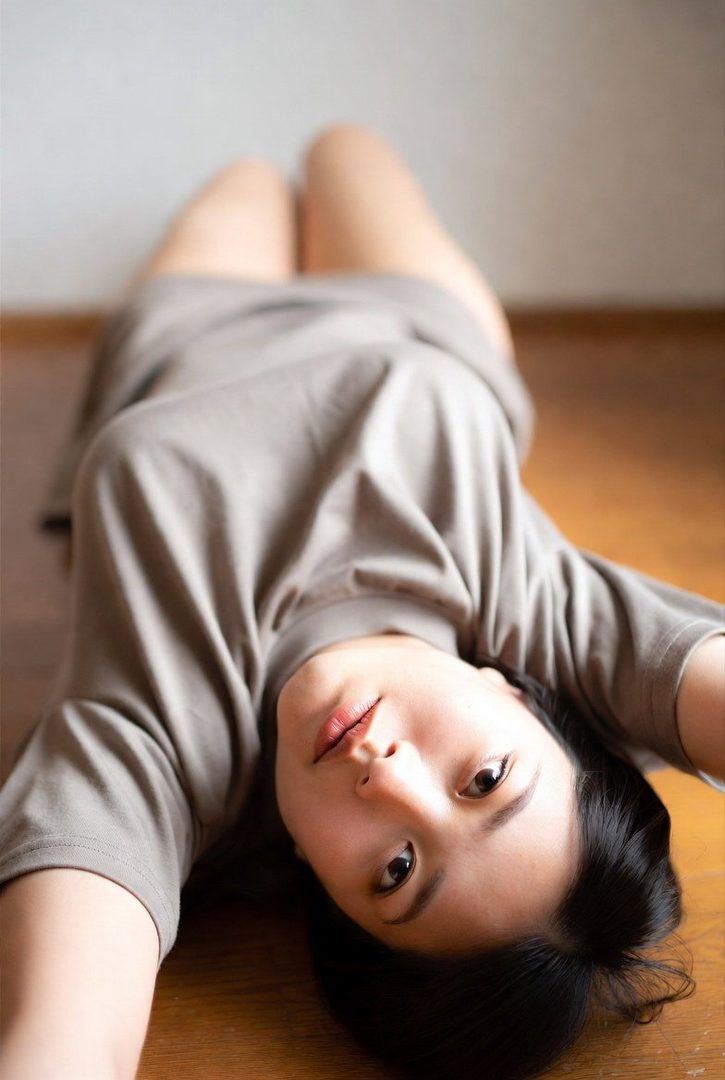 A young woman with black hair lies on her back on a wooden floor, looking up at the camera.