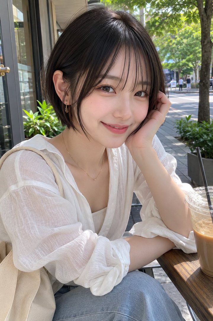 A young Japanese woman with a short bob haircut smiles gently while resting her chin on her hand, sitting outdoors at a cafe with a drink.