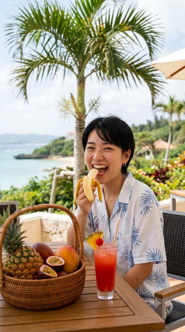 A young East Asian woman with short black hair smiles while eating a banana at a table outdoors with a tropical view.
