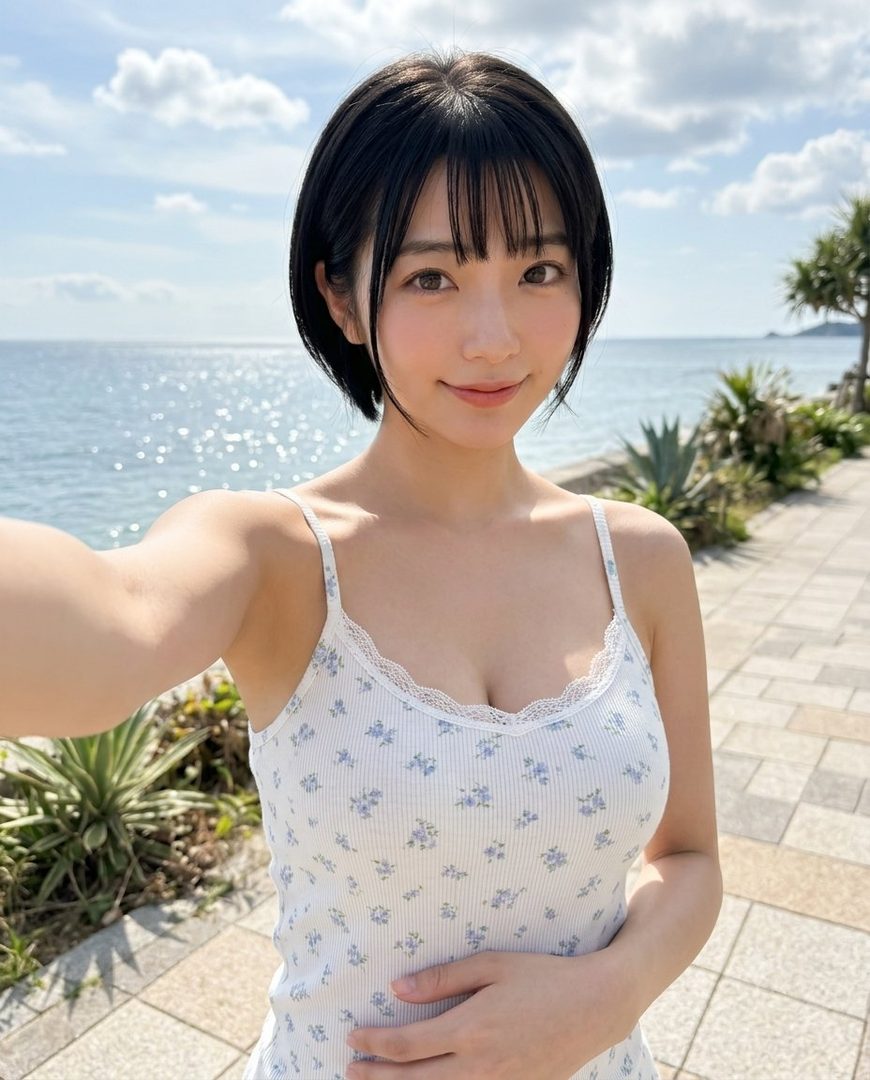 A young woman with short black hair and bangs takes a selfie on a sunny day at the beach, wearing a white floral camisole.