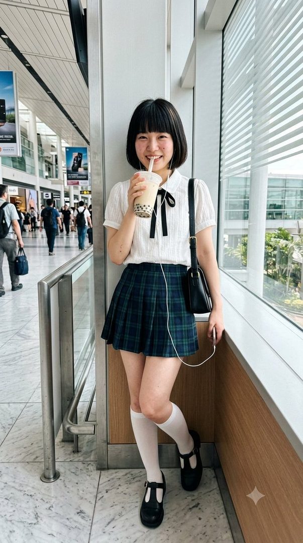 A young East Asian woman with short black hair and bangs, wearing a white blouse, a plaid skirt, and white socks, drinks a bubble tea in an indoor setting.