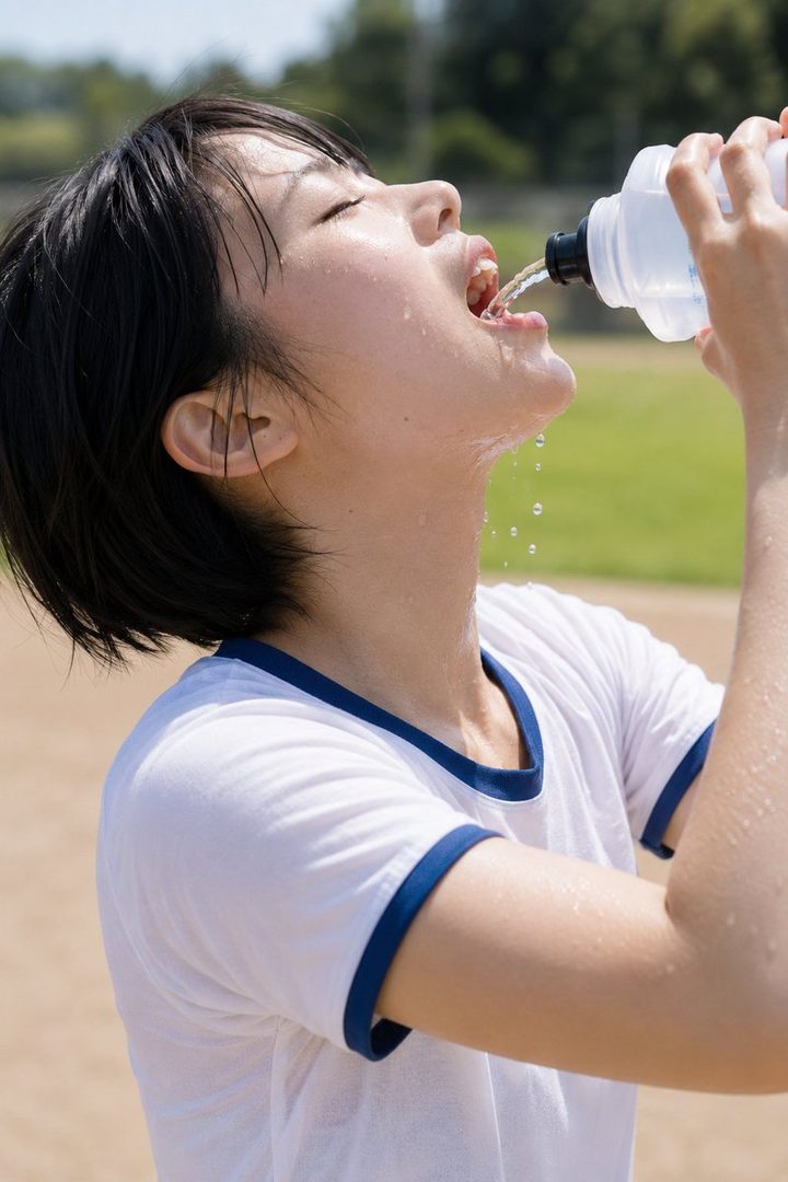 A young woman with short black hair drinks water from a bottle outdoors, with sweat on her face and neck.