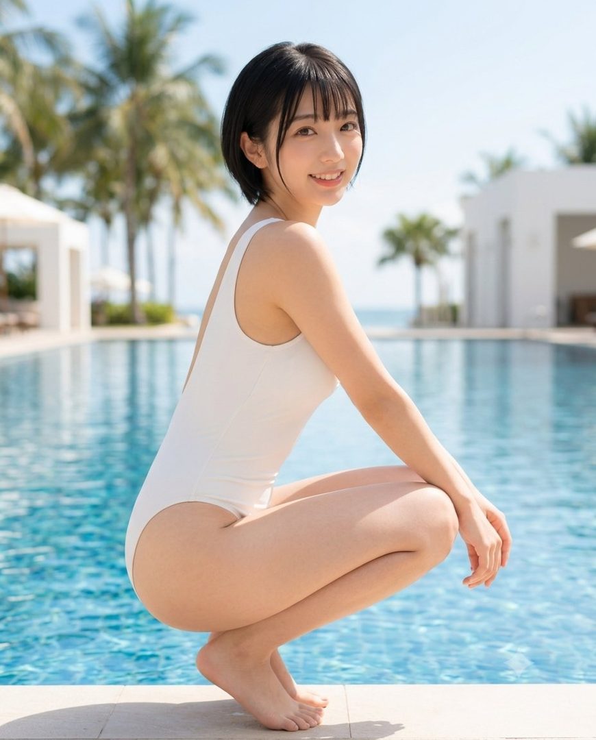 A young Japanese woman in a white one-piece swimsuit crouches by a swimming pool, smiling over her shoulder.