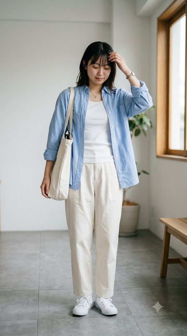 A young East Asian woman with short black hair, wearing a light blue unbuttoned shirt over a white t-shirt and cream-colored pants, stands indoors with a tote bag.