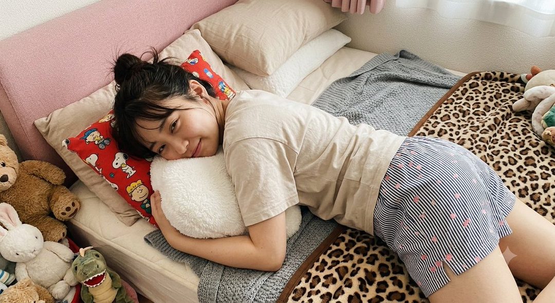A young woman with her hair in a bun, wearing a t-shirt and shorts, lies on a bed surrounded by stuffed animals, smiling at the camera.