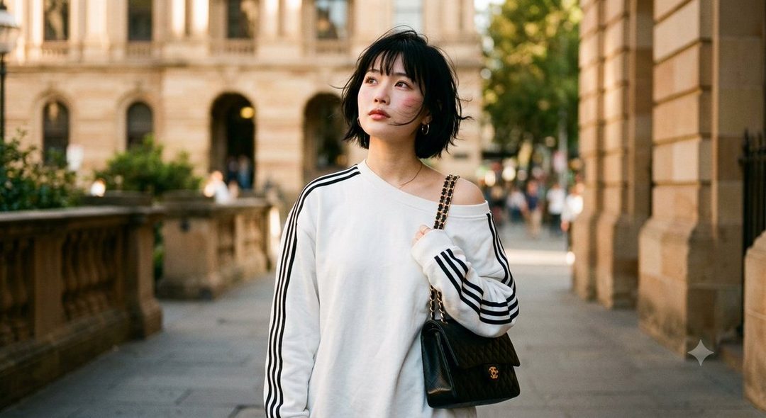 A young East Asian woman with short black hair and bangs, wearing a white sweatshirt with black stripes, stands on a city street holding a black handbag.