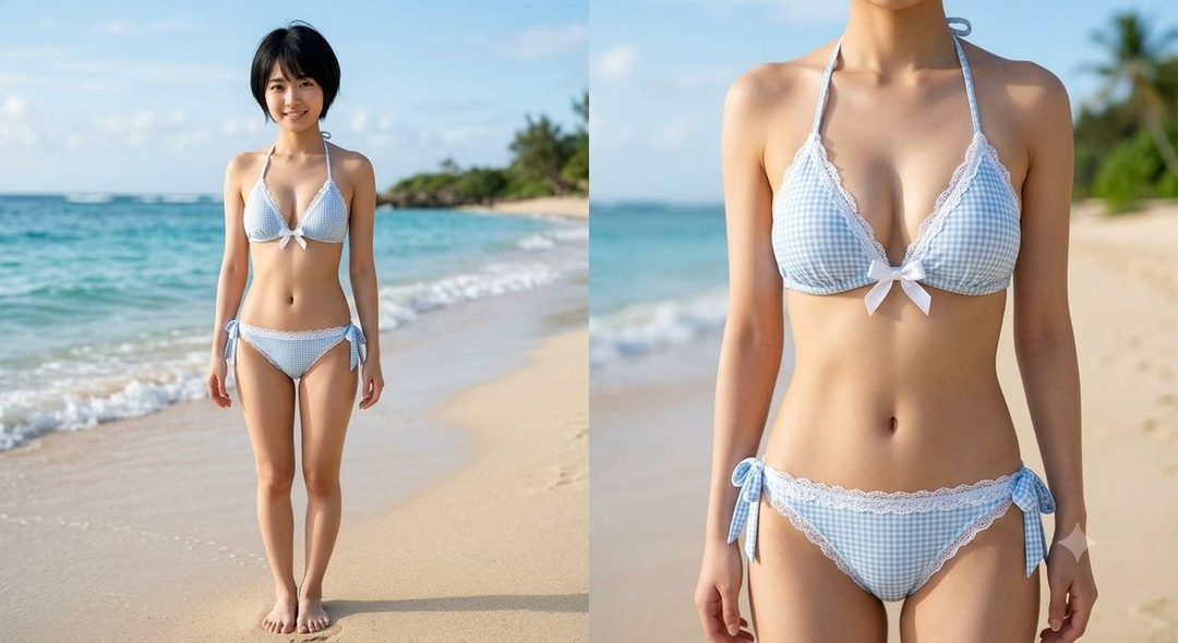 A young woman in a blue gingham bikini poses on a sandy beach with the ocean in the background.