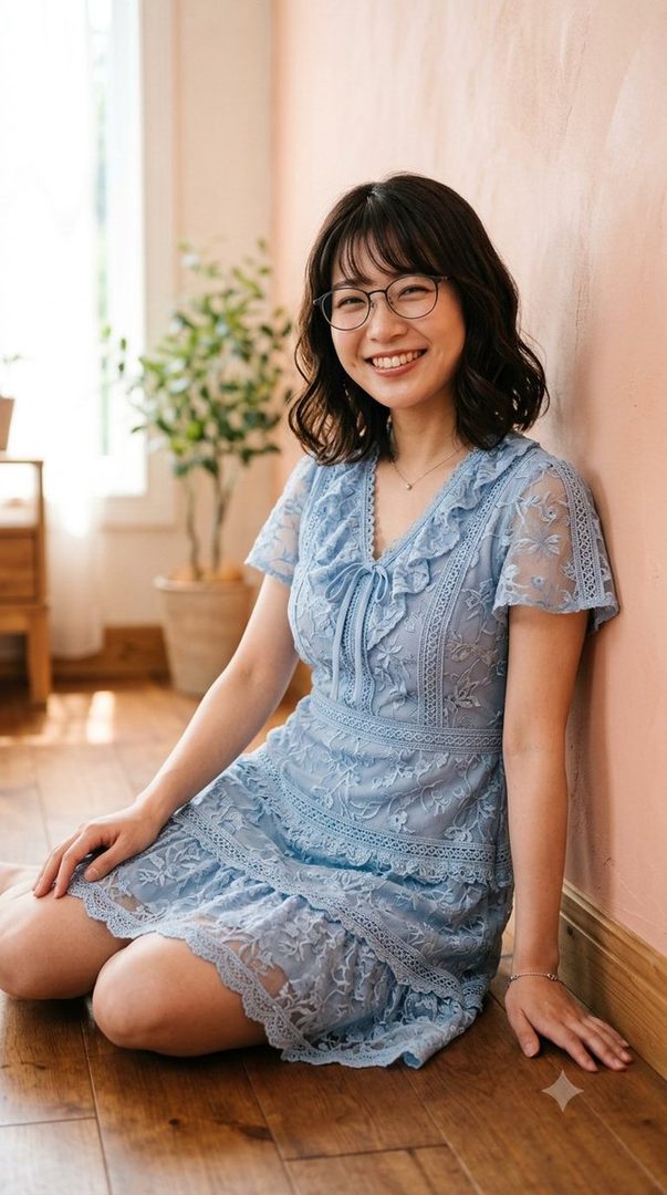 A young East Asian woman with short black hair and glasses, wearing a light blue lace dress, smiles warmly while sitting indoors.