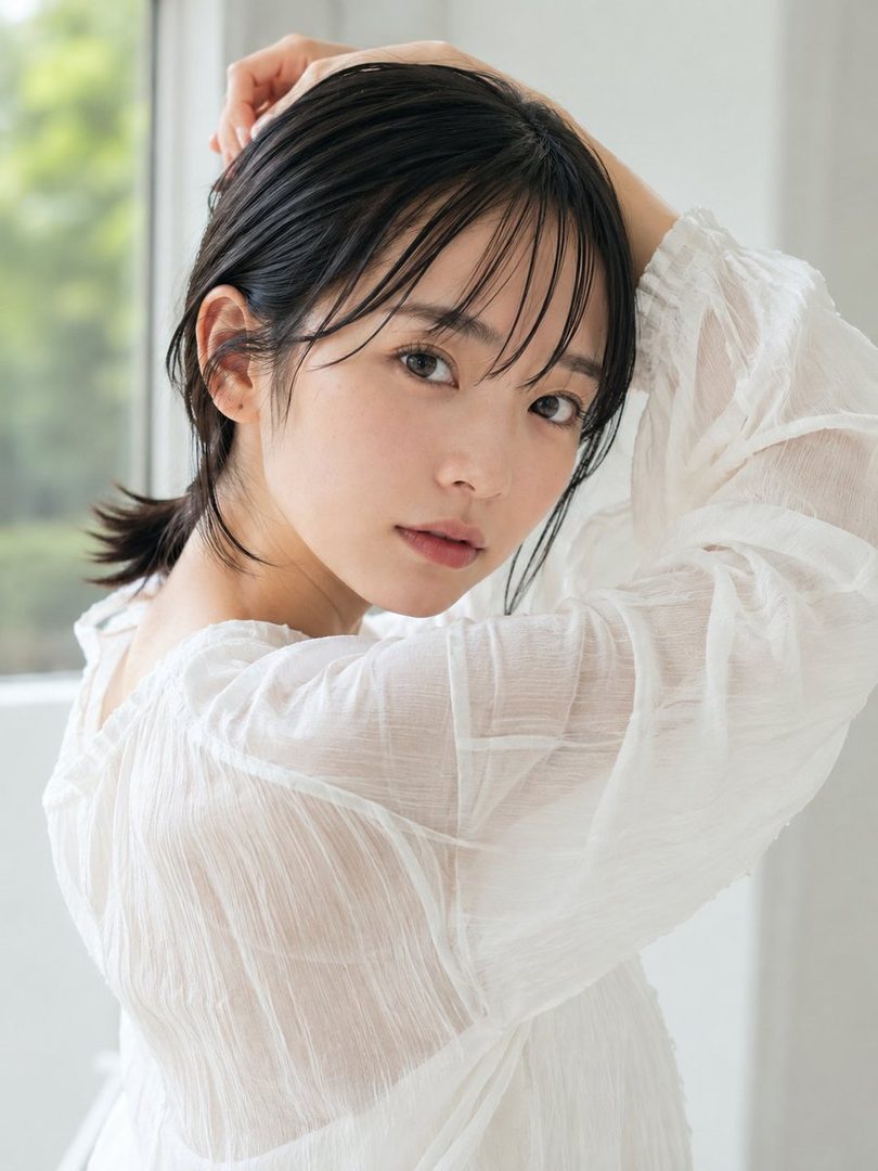 A photorealistic portrait of a young Japanese woman with black hair, wearing a white sheer blouse, posing indoors with soft natural light.