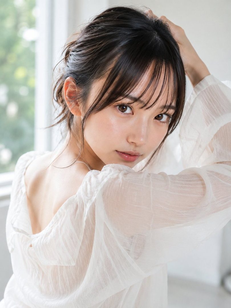 Photorealistic portrait of a young Japanese woman with black hair tied back, wearing a sheer white blouse, looking over her shoulder with a gentle expression.