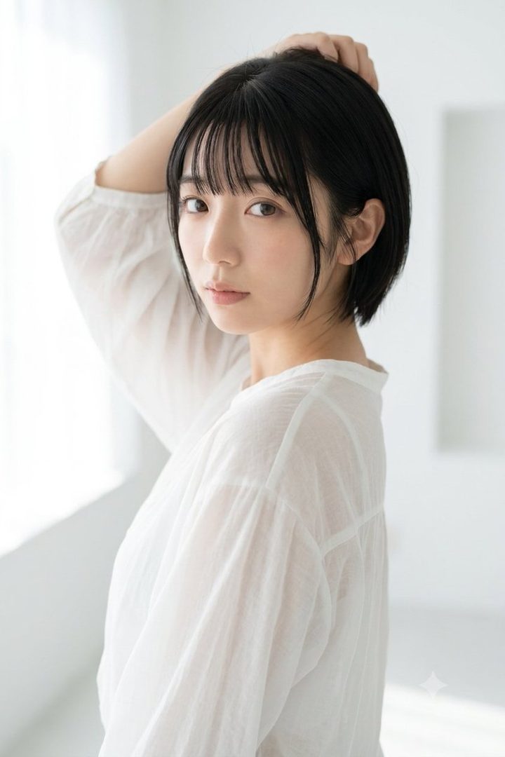 A Japanese woman with short black hair and bangs, wearing a white sheer blouse, poses indoors with her hand on her head.