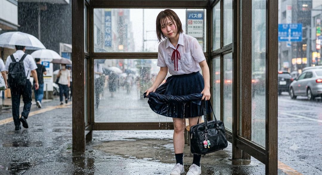A young woman in a wet school uniform stands at a bus stop in the rain, holding up her skirt.