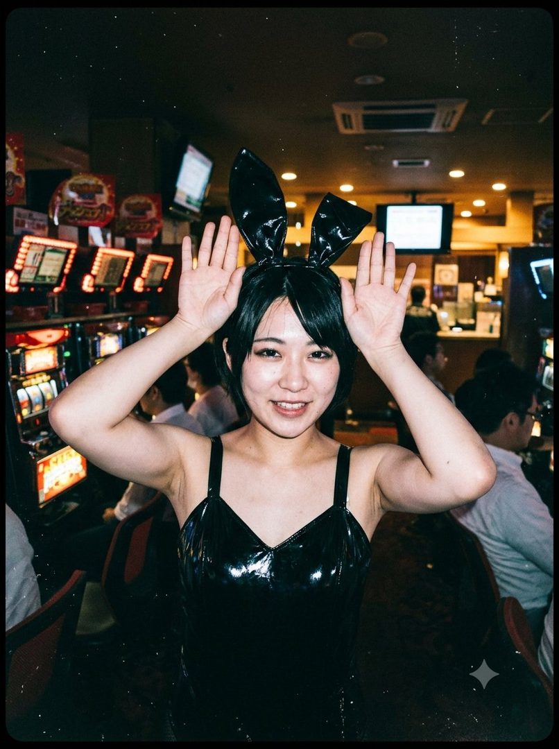 A young woman with black hair and bunny ears smiles playfully, wearing a shiny black dress in a casino.