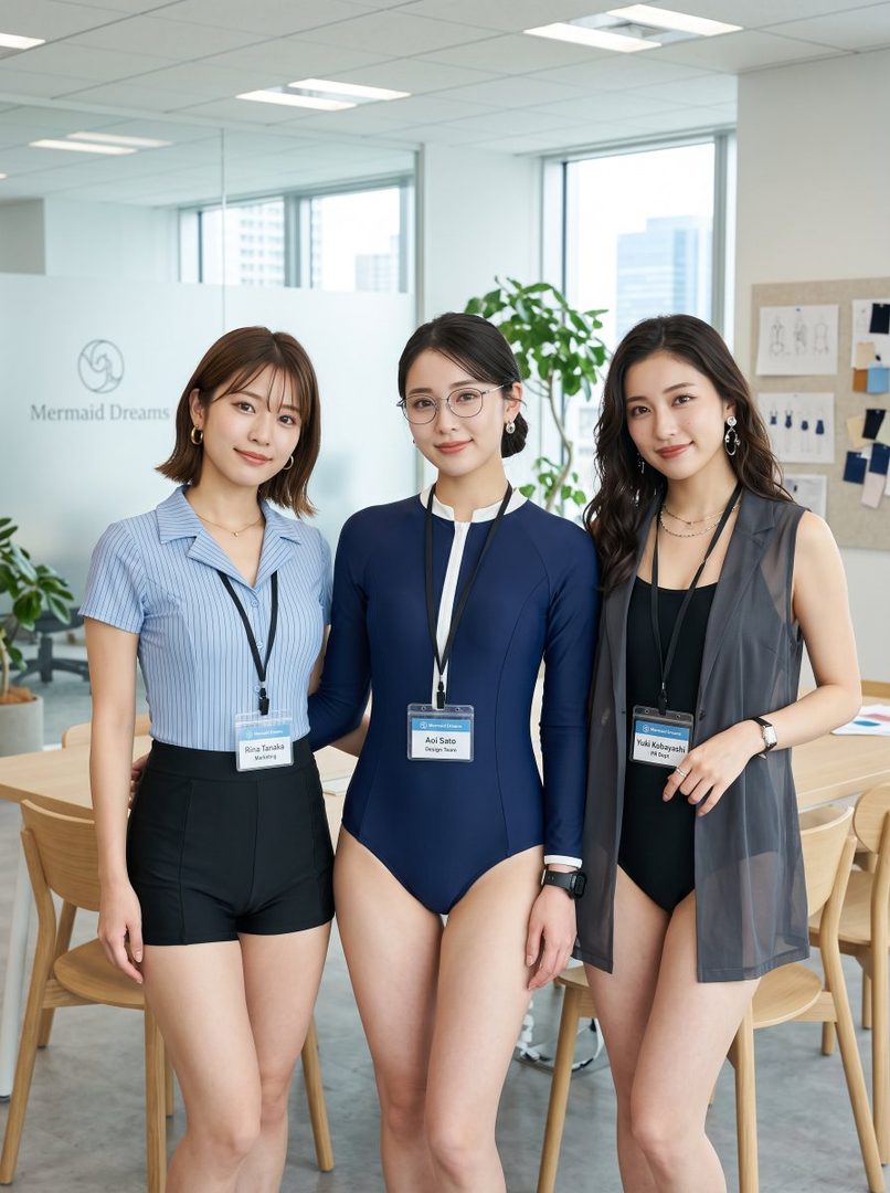 Three East Asian women in stylish swimwear posing in an office setting, promoting a cool-biz swimwear style.