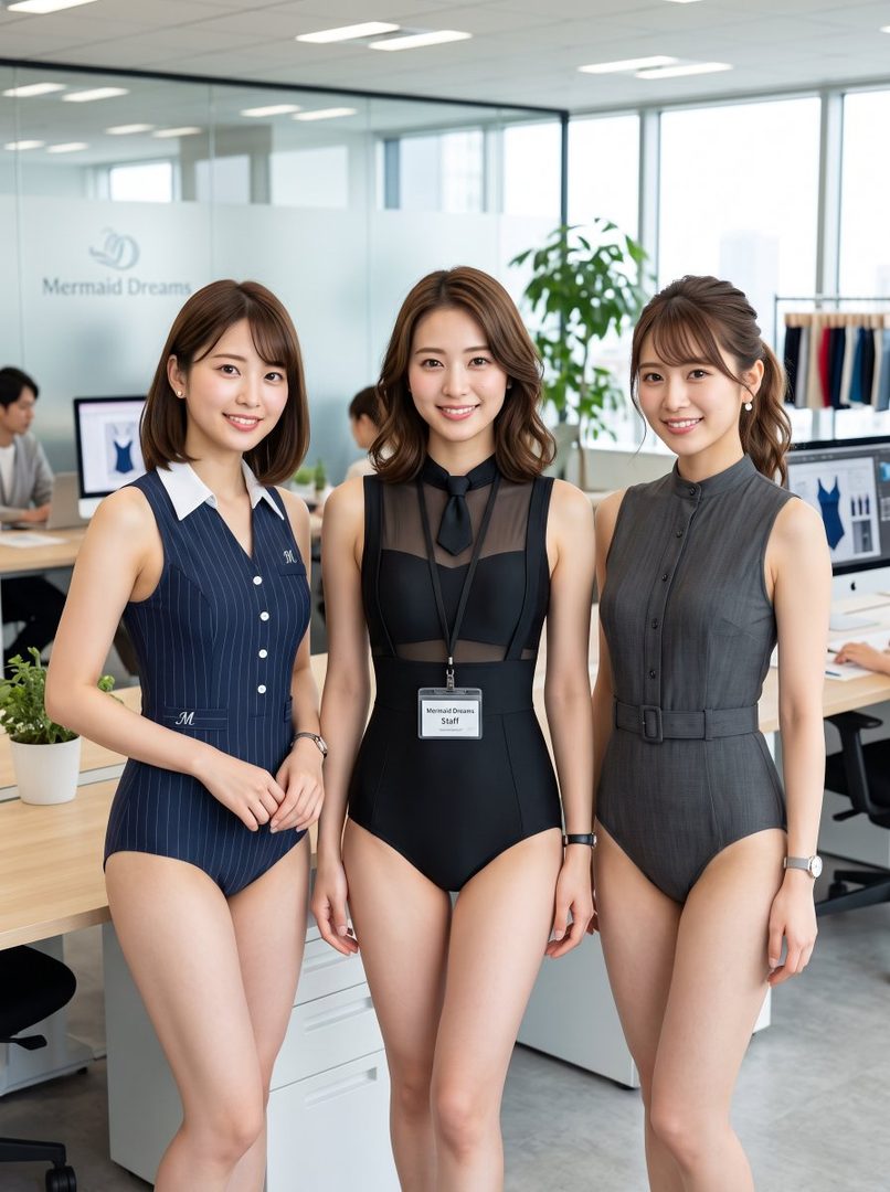 Three East Asian women in stylish one-piece swimsuits designed to resemble office wear, posing in a modern office setting.