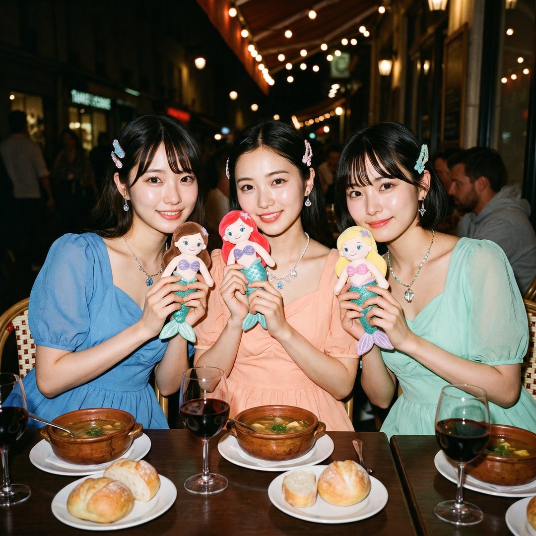 Three young East Asian women in pastel dresses holding mermaid dolls, sitting at a table with food and wine at an outdoor cafe.