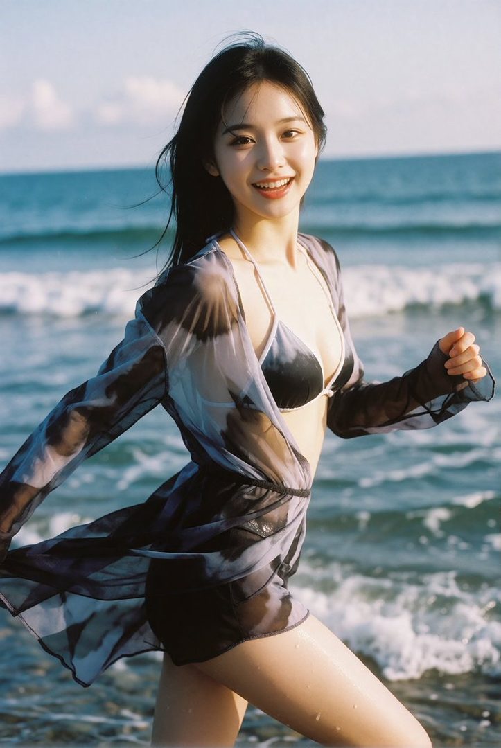 A smiling young woman in a bikini and sheer cover-up walks on a beach with waves in the background.