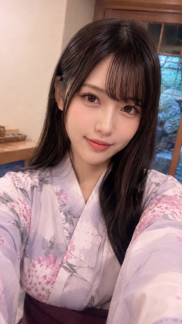 A young woman with long dark hair and bangs, wearing a lavender floral yukata, takes a selfie with a gentle smile.