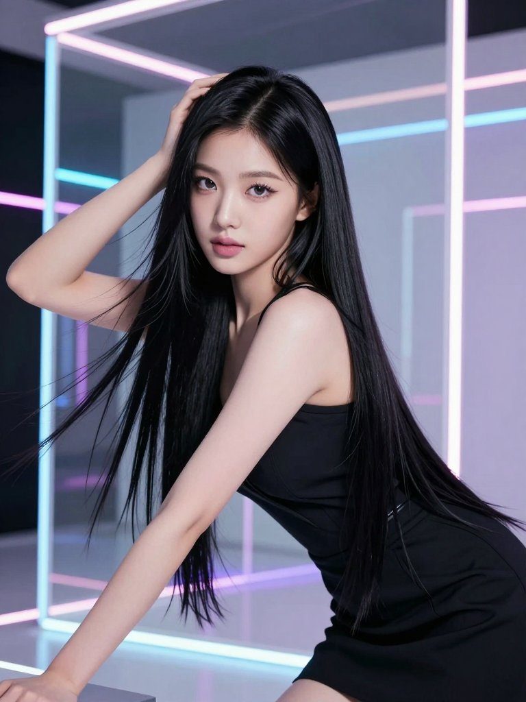 A young woman with long black hair poses in a black dress against a backdrop of neon lights.