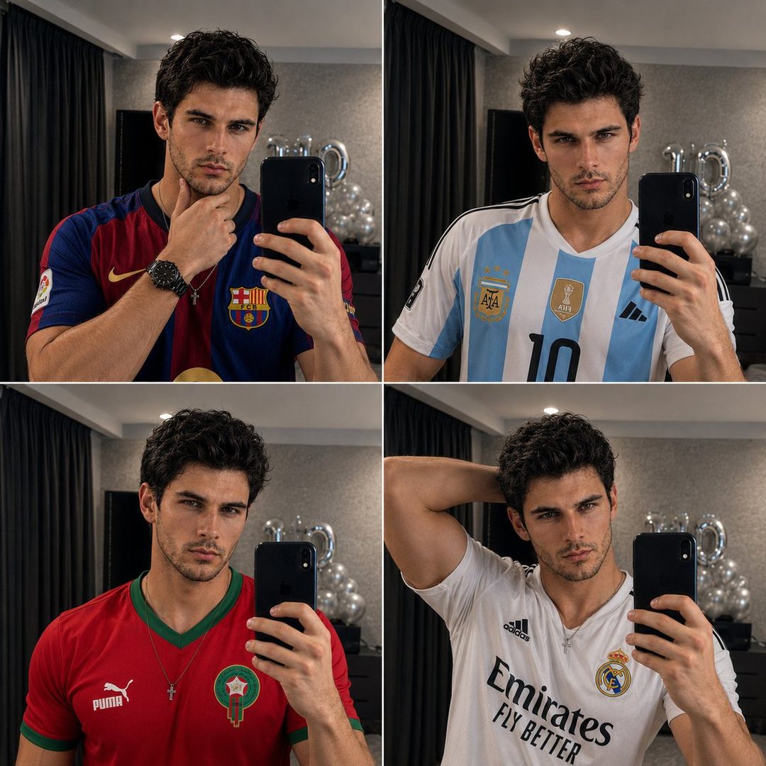 A four-panel collage of a handsome young man taking mirror selfies, wearing different football jerseys: Barcelona, Argentina, Morocco, and Real Madrid.