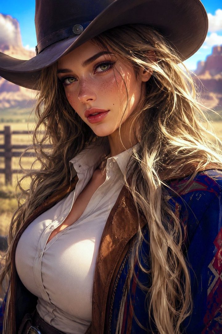 A photorealistic AI-generated portrait of a woman in a cowboy hat and open shirt, with long blonde hair, set against a desert landscape.