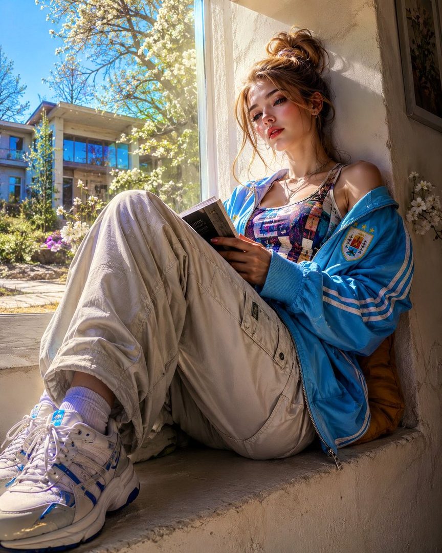 A young woman with her hair in a messy bun sits by a window, reading a book, bathed in sunlight.