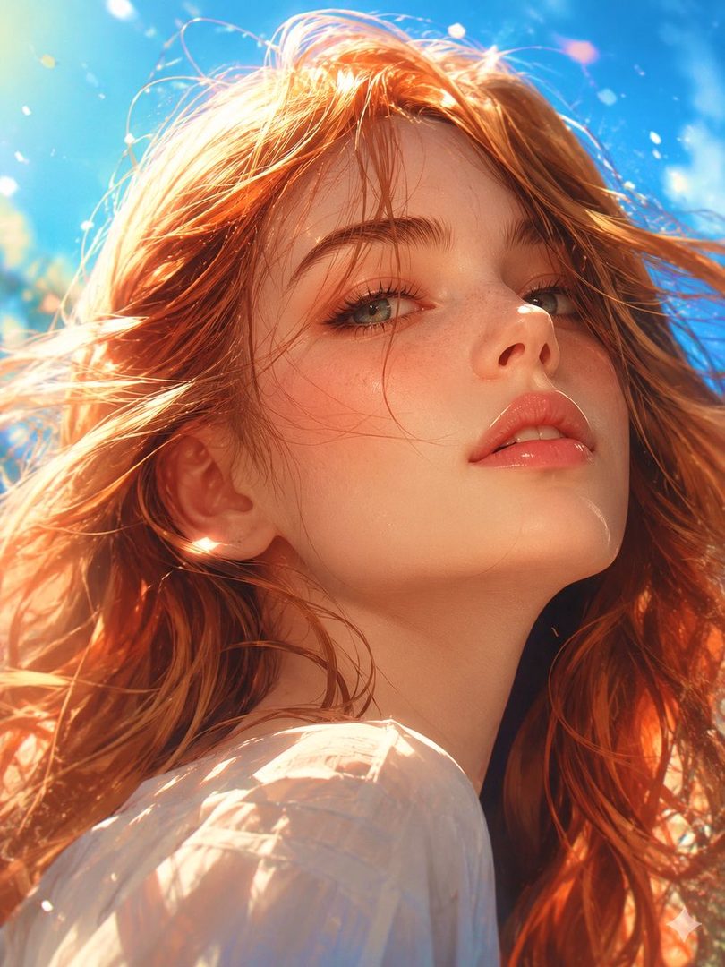 A photorealistic portrait of a young woman with long, flowing red hair and freckles, looking up at the sky with a gentle smile.