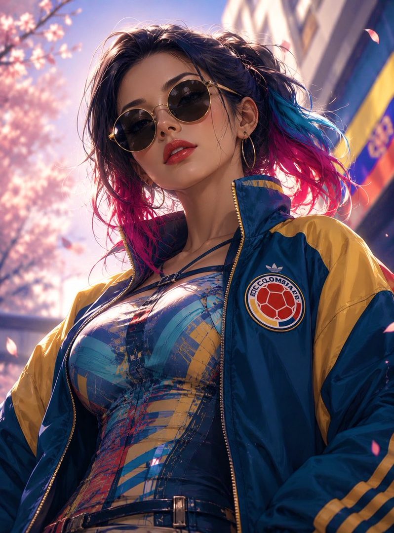 A young woman with colorful dyed hair and sunglasses, wearing a jacket and a patterned top, posing outdoors with cherry blossoms and a flag in the background.