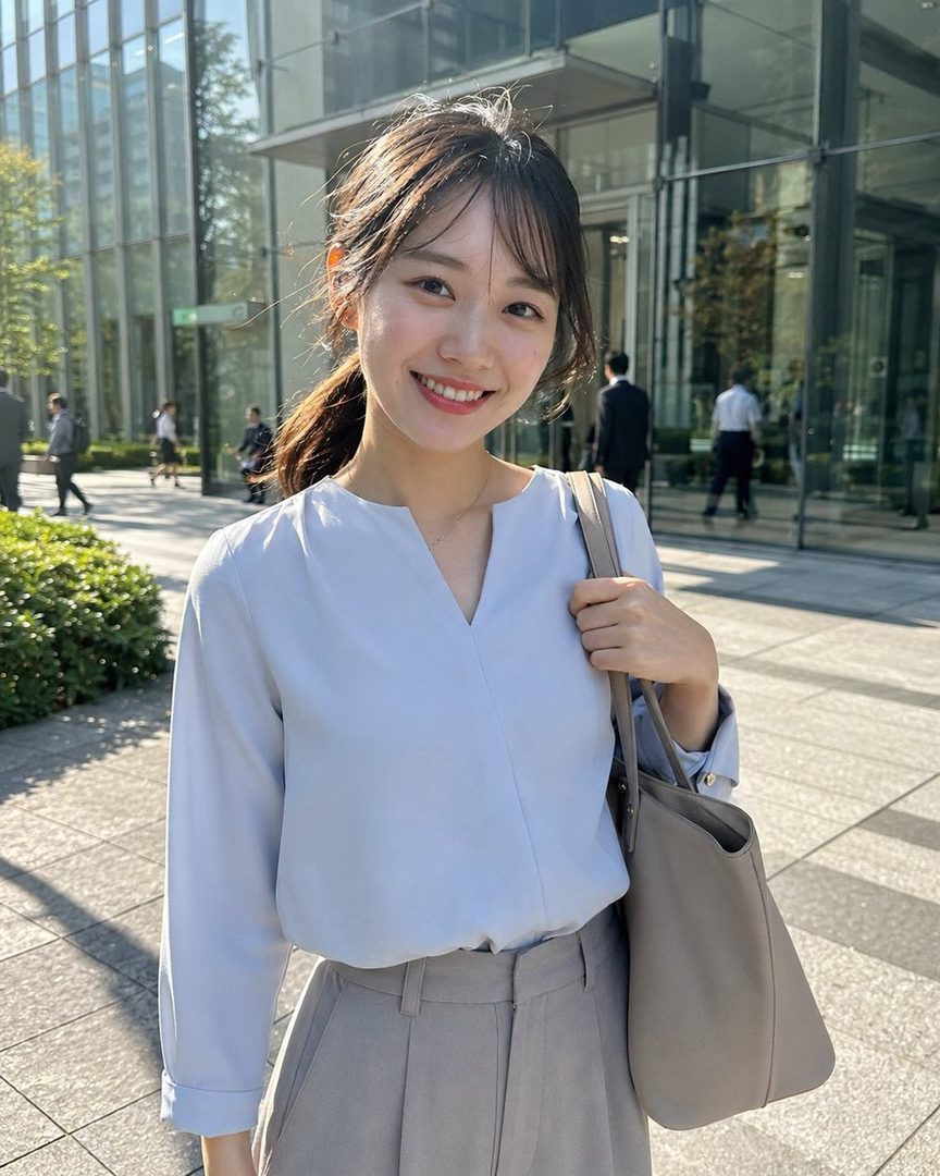 A smiling woman with dark brown hair in a ponytail and bangs, wearing a light blue blouse and grey trousers, stands on an urban street with a modern building in the background, holding a grey tote bag.