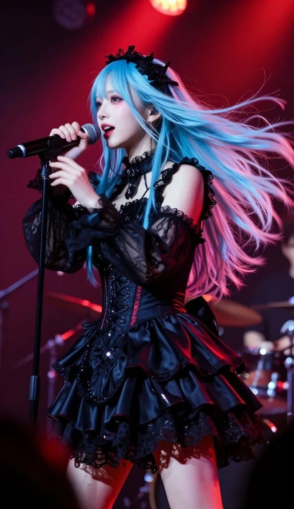 A young woman with long, flowing blue hair, wearing a black gothic lolita-style dress, sings into a microphone on stage with red lighting.